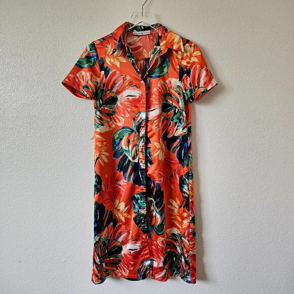 Signature Collection Hawaiian Floral Button Down Dress Size Small Orange - Picture 1 of 8